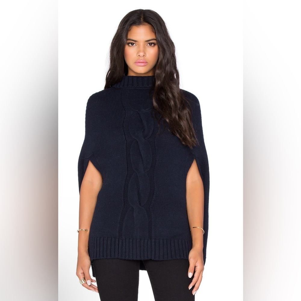 525 America Center Cable Mockneck Sweater Poncho in Navy Blue One Size fits all.